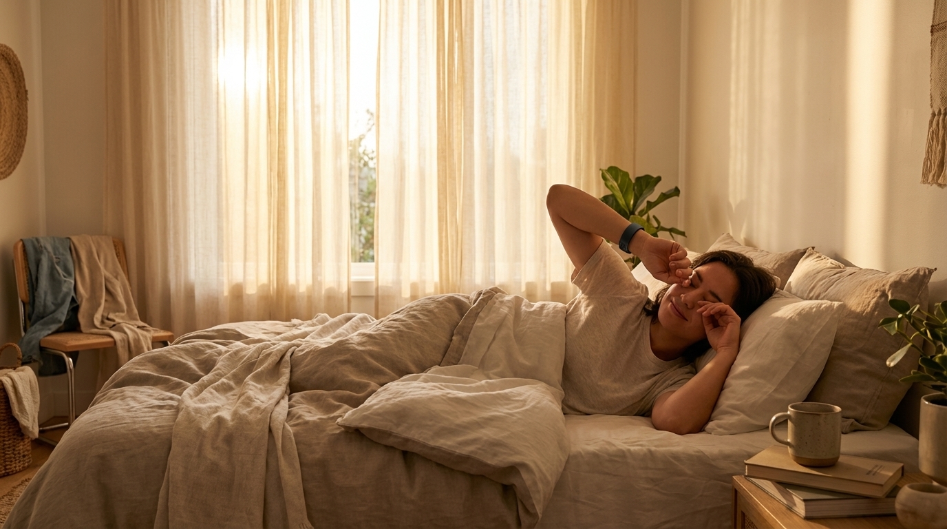 Person waking in soft sunrise light while wearing a Dawn Band on the wrist